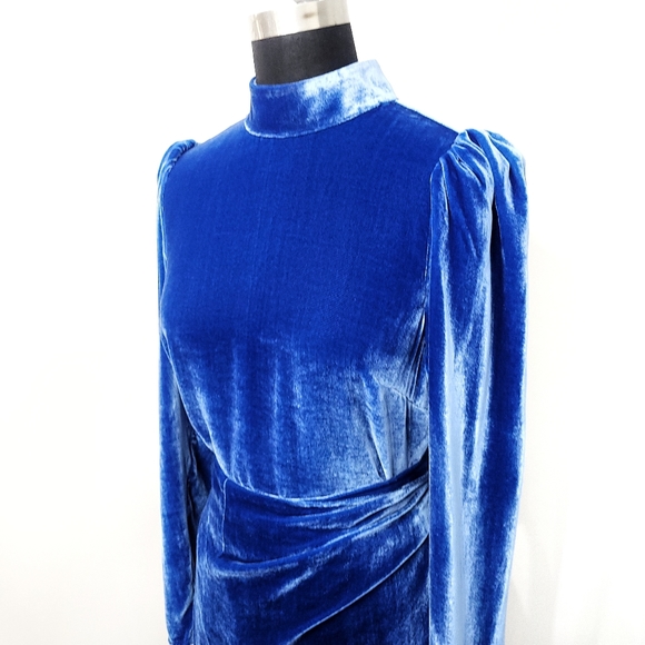 Reformation Silk Burgundy Caspien Color Royal Blue Velvet Puff Sleeve Wr… - Picture 8 of 15